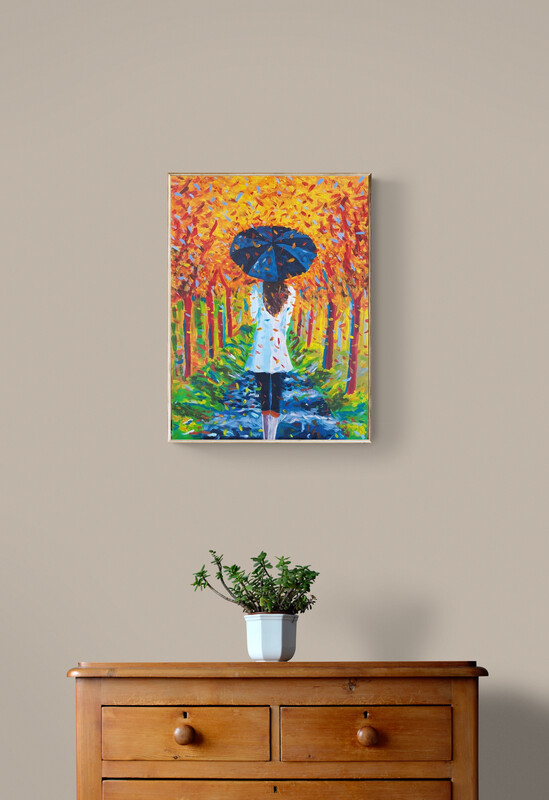 djevojka s kišobranom slika jesenski pejzaž akril MDF