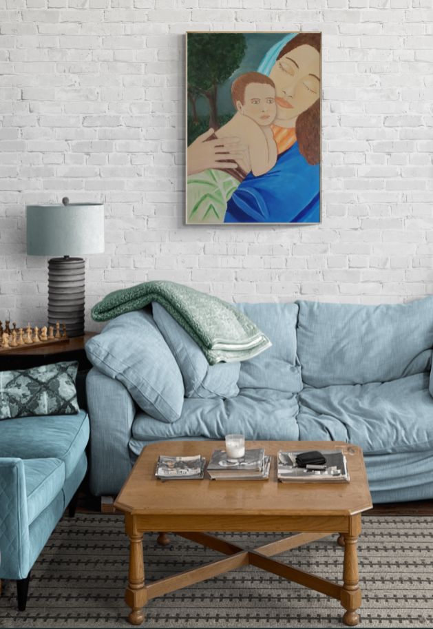 Isus i Majka Marija u nježnom zagrljaju, suvremena sakralna slika majke i djeteta s toplim tonovima i smirenom atmosferom