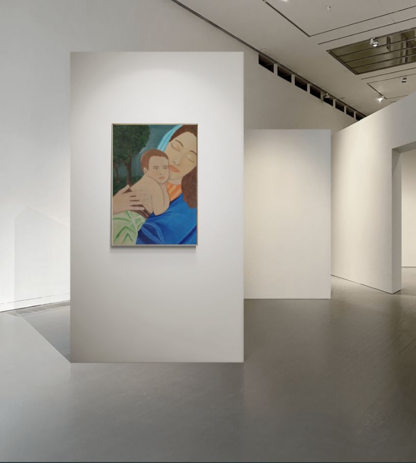 Isus i Majka Marija u nježnom zagrljaju, suvremena sakralna slika majke i djeteta s toplim tonovima i smirenom atmosferom