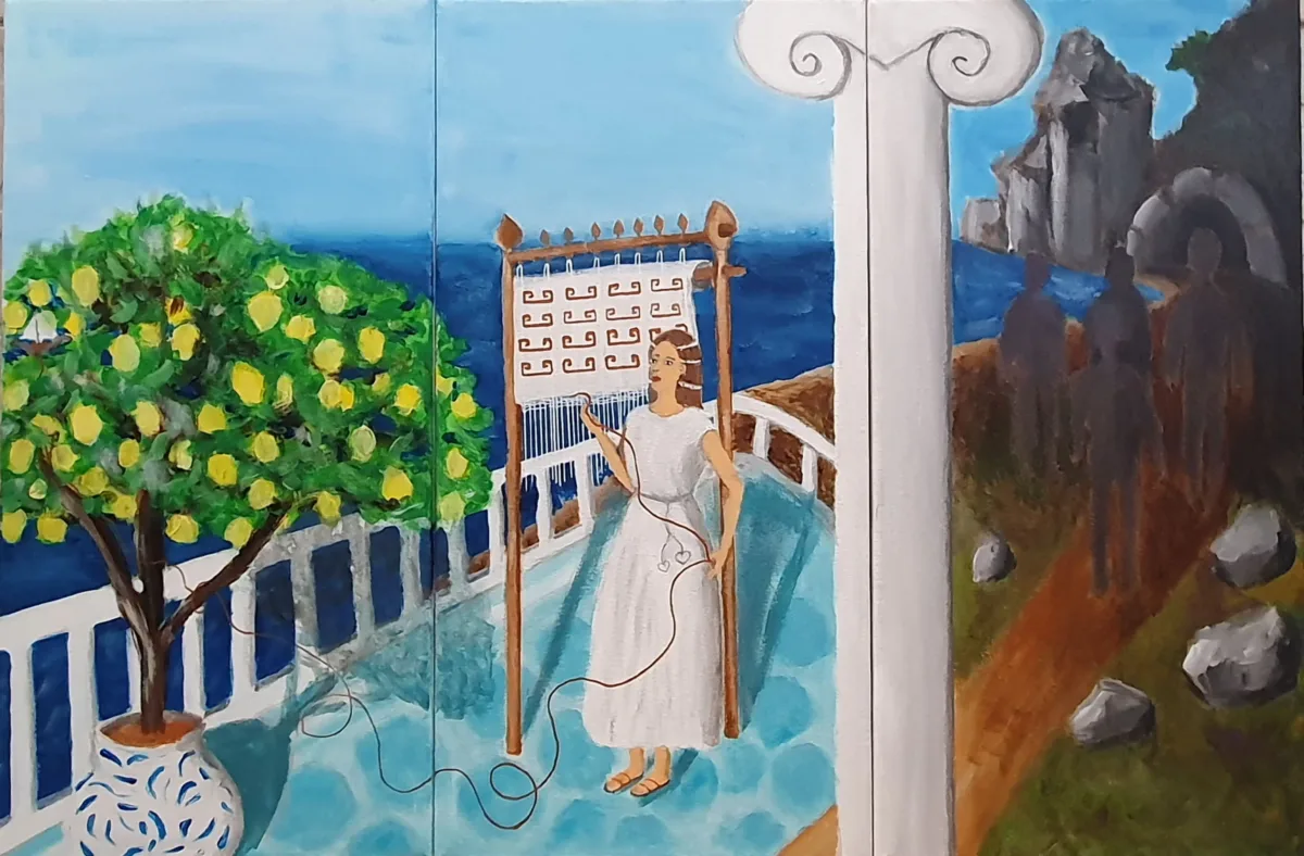 Penelopa originalna akrilna slika na platnu, figurativni triptih inspiriran grčkom mitologijom i mediteranskim pejzažem