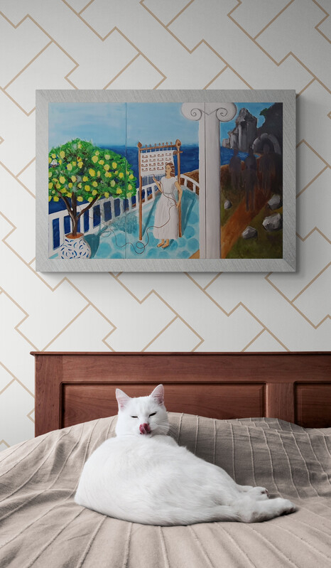 Penelopa originalna akrilna slika na platnu, figurativni triptih inspiriran grčkom mitologijom i mediteranskim pejzažem