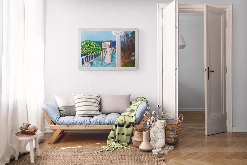 Penelopa originalna akrilna slika na platnu, figurativni triptih inspiriran grčkom mitologijom i mediteranskim pejzažem