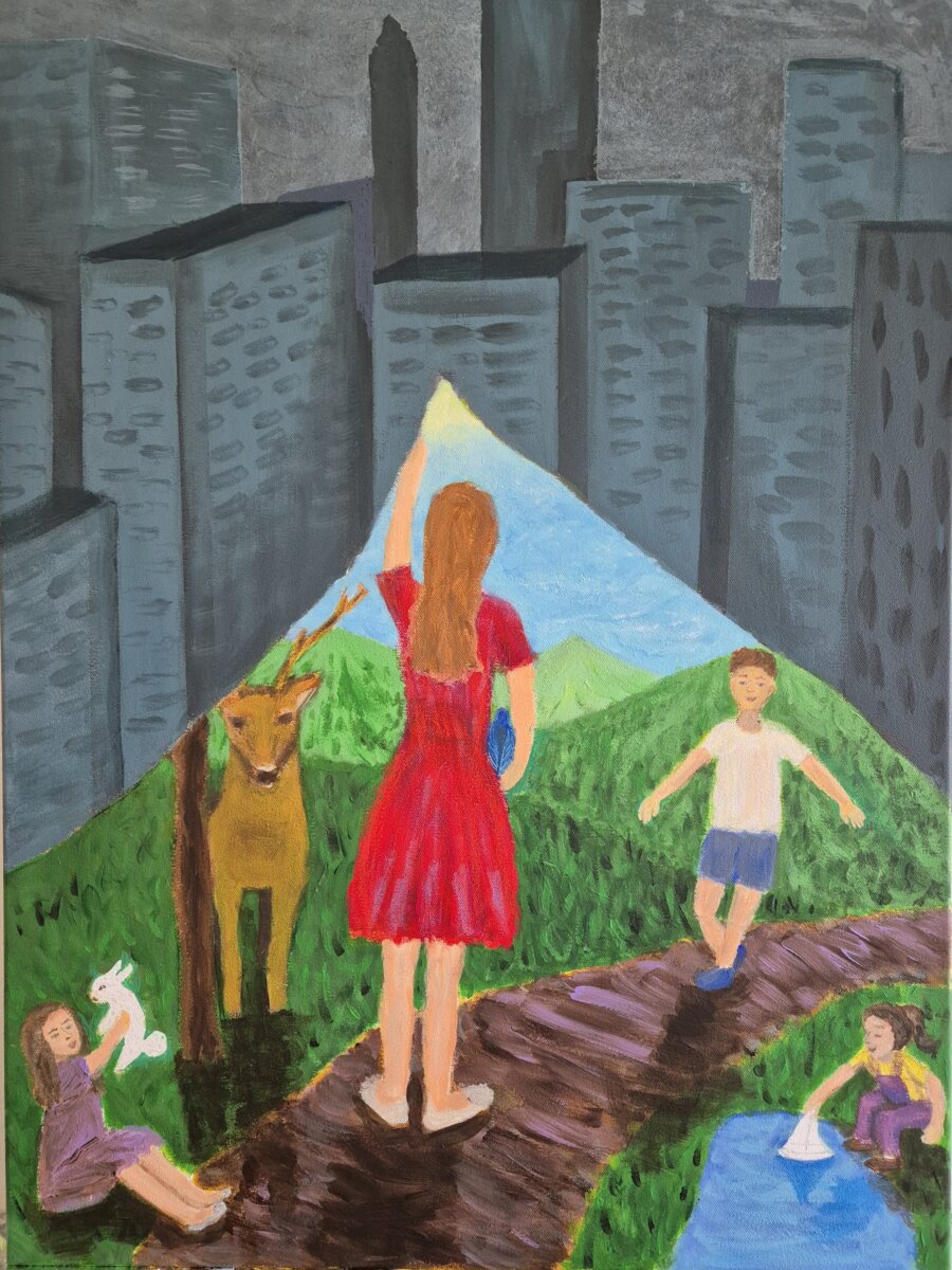 Slika Sanjam bolji svijet – originalna akrilna slika na platnu s motivom djece, prirode i urbanog pejzaža