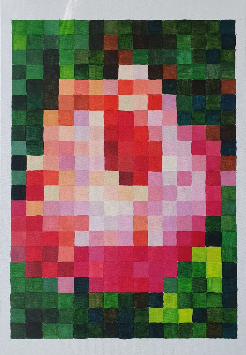 Božur originalna akrilna slika na platnu Tamara Perušić Art pixel art cvjetni motiv