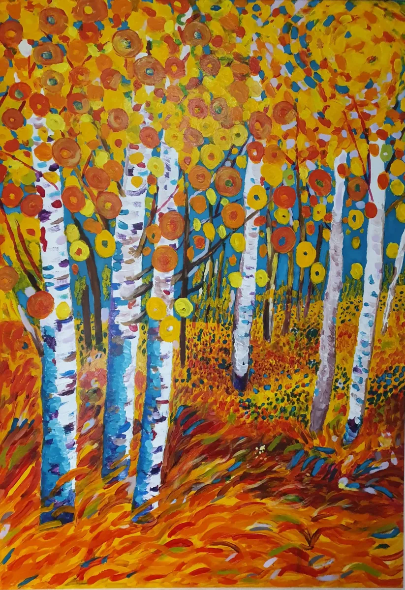 Akrilna slika šume breza u žutim, narančastim i crvenim tonovima s apstraktnim krošnjama