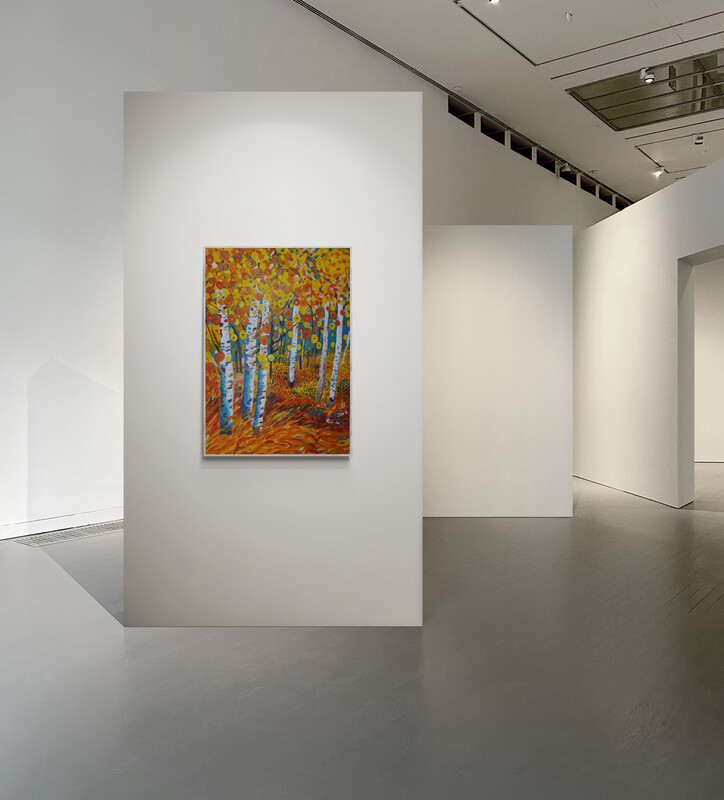 Akrilna slika šume breza u žutim, narančastim i crvenim tonovima s apstraktnim krošnjama