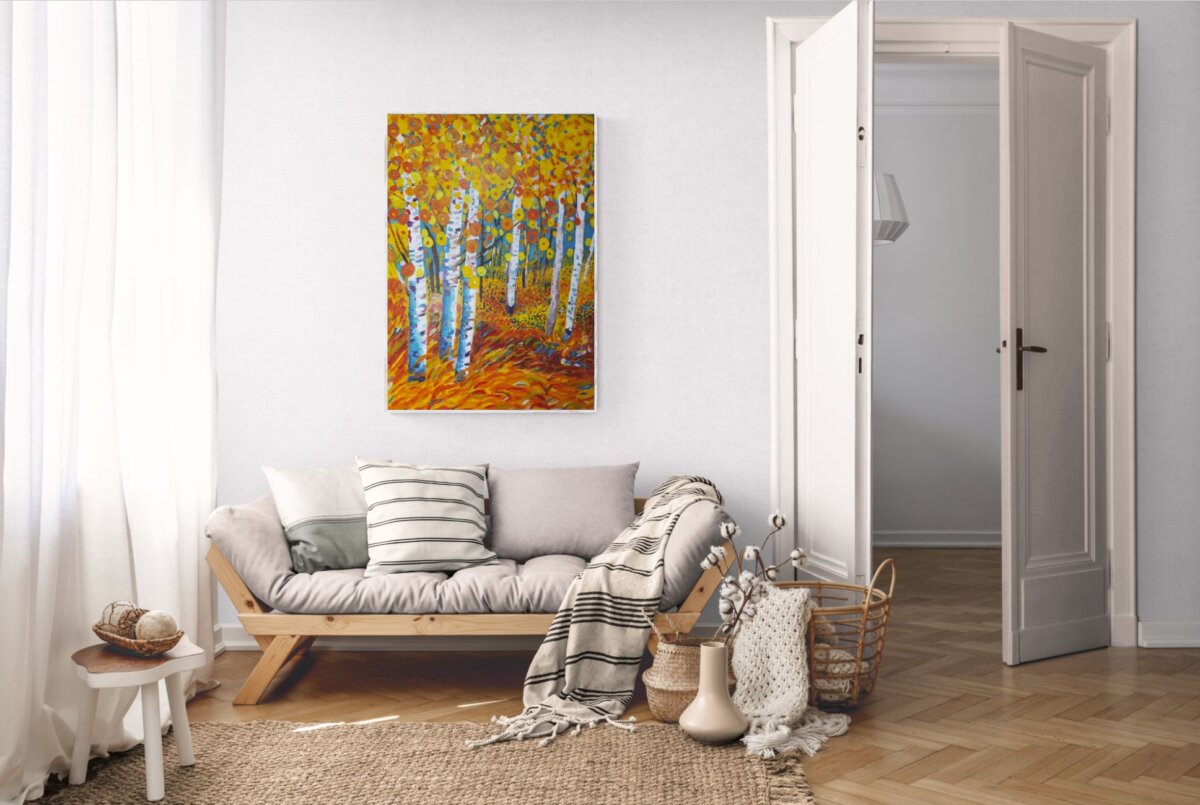 Akrilna slika šume breza u žutim, narančastim i crvenim tonovima s apstraktnim krošnjama