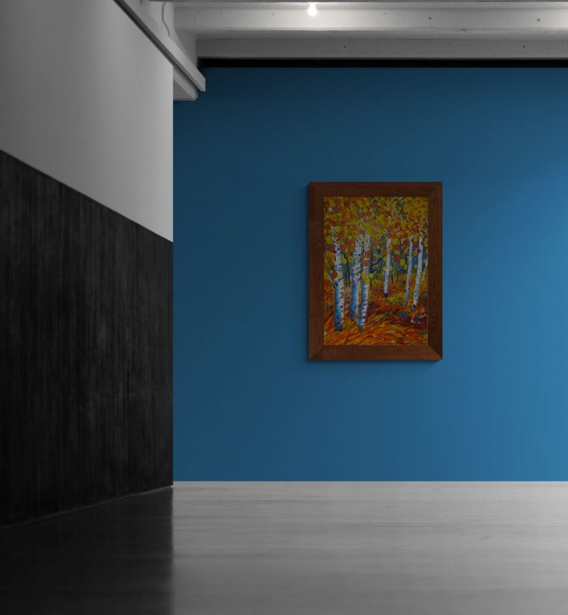 Akrilna slika šume breza u žutim, narančastim i crvenim tonovima s apstraktnim krošnjama