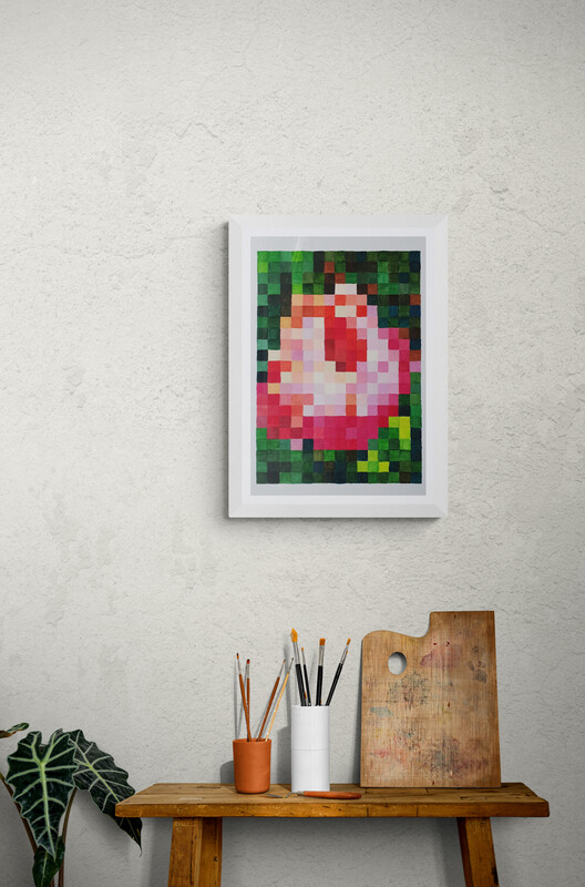 Božur originalna akrilna slika na platnu Tamara Perušić Art pixel art cvjetni motiv