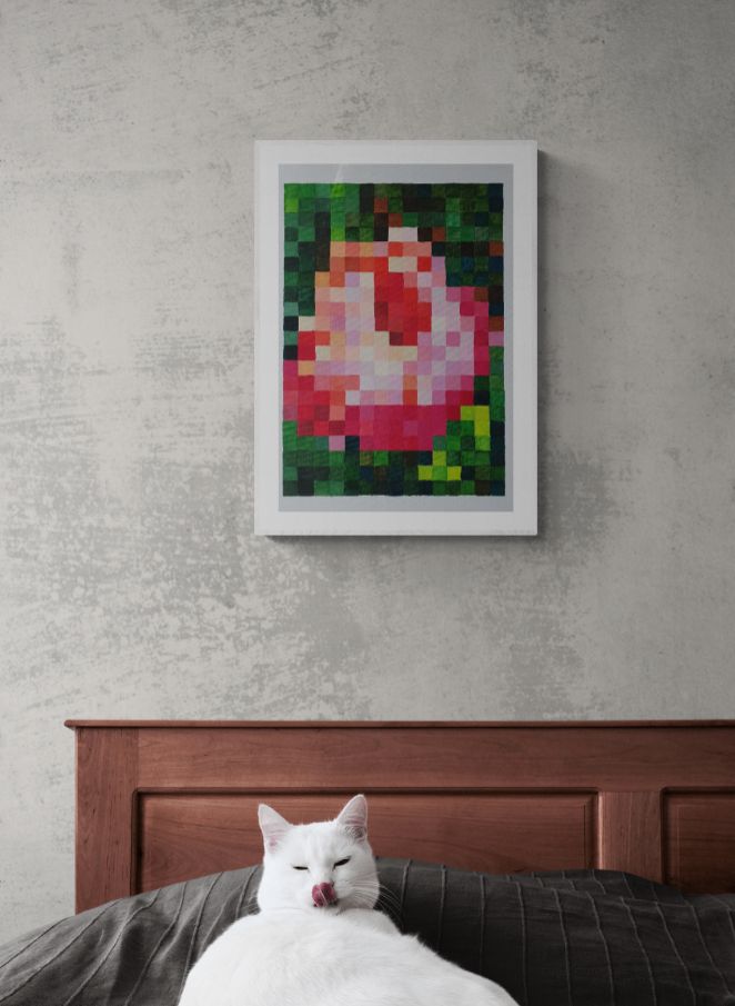 Božur originalna akrilna slika na platnu Tamara Perušić Art pixel art cvjetni motiv