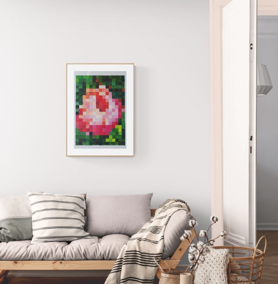 Božur originalna akrilna slika na platnu Tamara Perušić Art pixel art cvjetni motiv