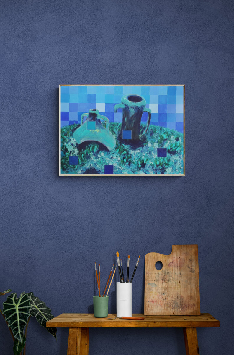 Duh prošlih vremena slika – apstraktne keramičke posude u plavo zelenim tonovima s pixel efektom