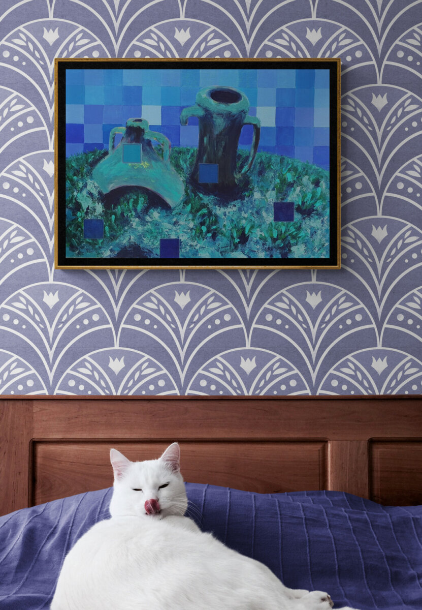 Duh prošlih vremena slika – apstraktne keramičke posude u plavo zelenim tonovima s pixel efektom