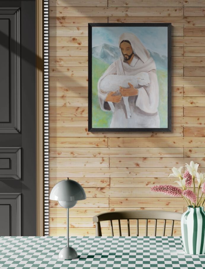 Isus dobri pastir slika s janjetom u naručju, akril na platnu, duhovna umjetnost