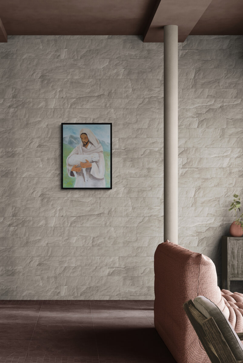 Isus dobri pastir slika s janjetom u naručju, akril na platnu, duhovna umjetnost