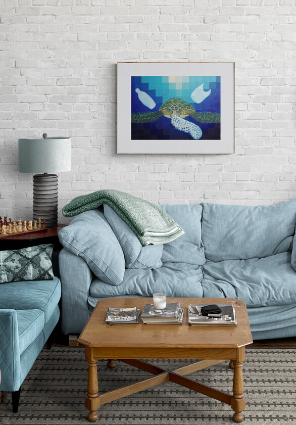 Slika morske kornjače koja jede plastiku u moru, akril na platnu s pixel efektom