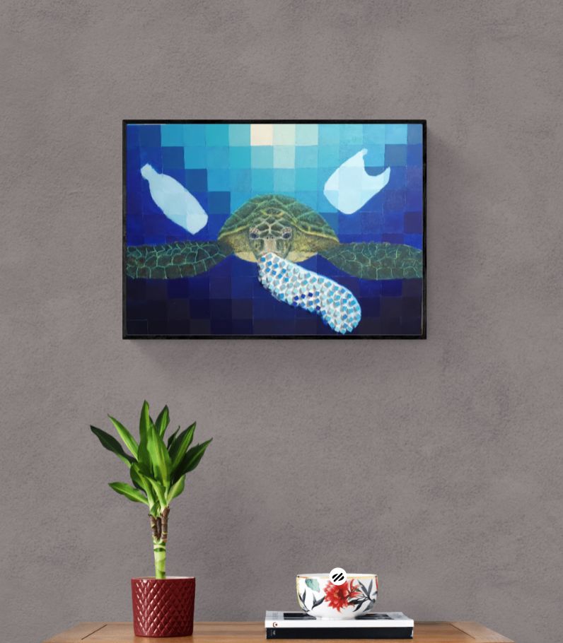 Slika morske kornjače koja jede plastiku u moru, akril na platnu s pixel efektom
