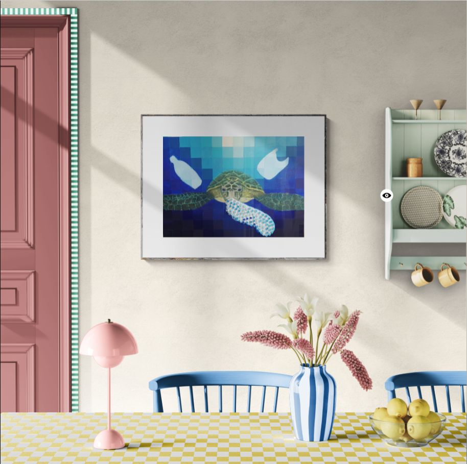 Slika morske kornjače koja jede plastiku u moru, akril na platnu s pixel efektom