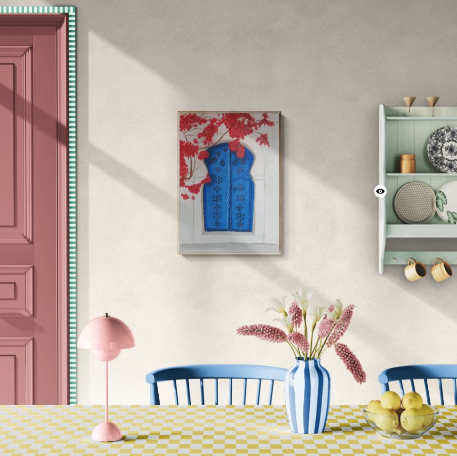 Plava vrata s crvenim cvjetnim granama – akril na MDF-u