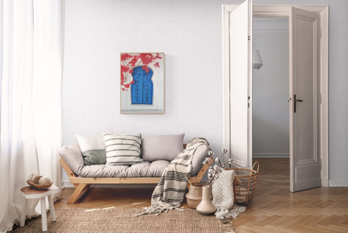 Plava vrata s crvenim cvjetnim granama – akril na MDF-u