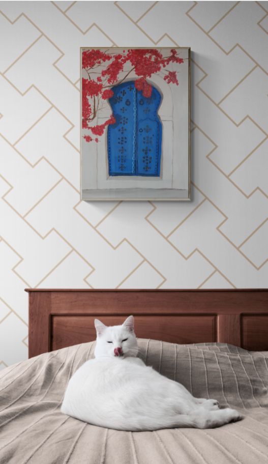 Plava vrata s crvenim cvjetnim granama – akril na MDF-u