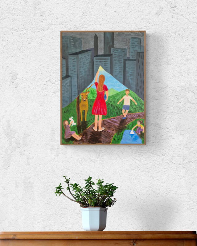 Slika Sanjam bolji svijet – originalna akrilna slika na platnu s motivom djece, prirode i urbanog pejzaža