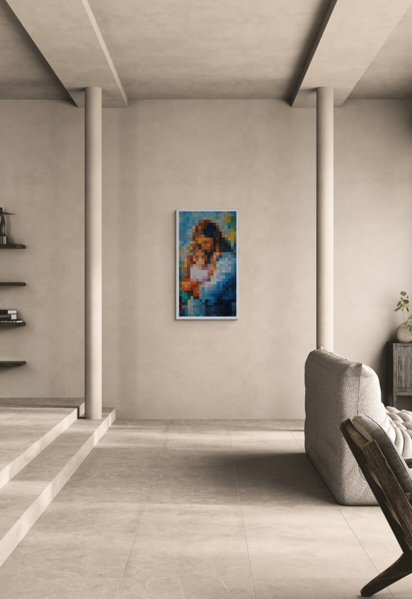 U zagrljaju Isusa slika akril na platnu pixel stil emotivni duhovni motiv