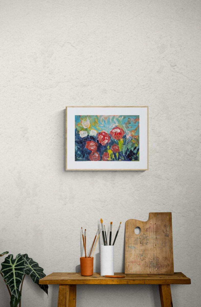 Cvjetni vrt originalna apstraktna slika cvijeća akril na papiru 30x40 cm