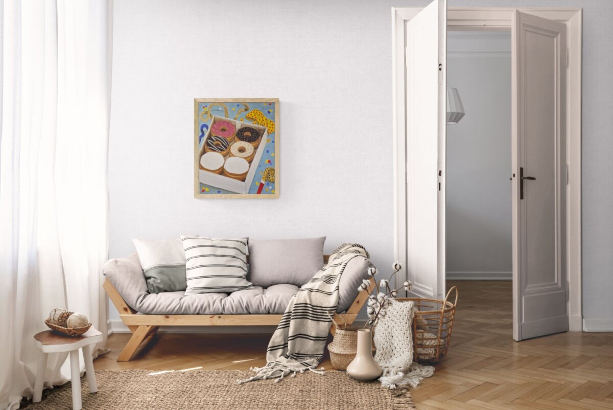 Doba karnevala originalna akrilna slika na platnu s motivom šarenih krafni i karnevalskih konfeta