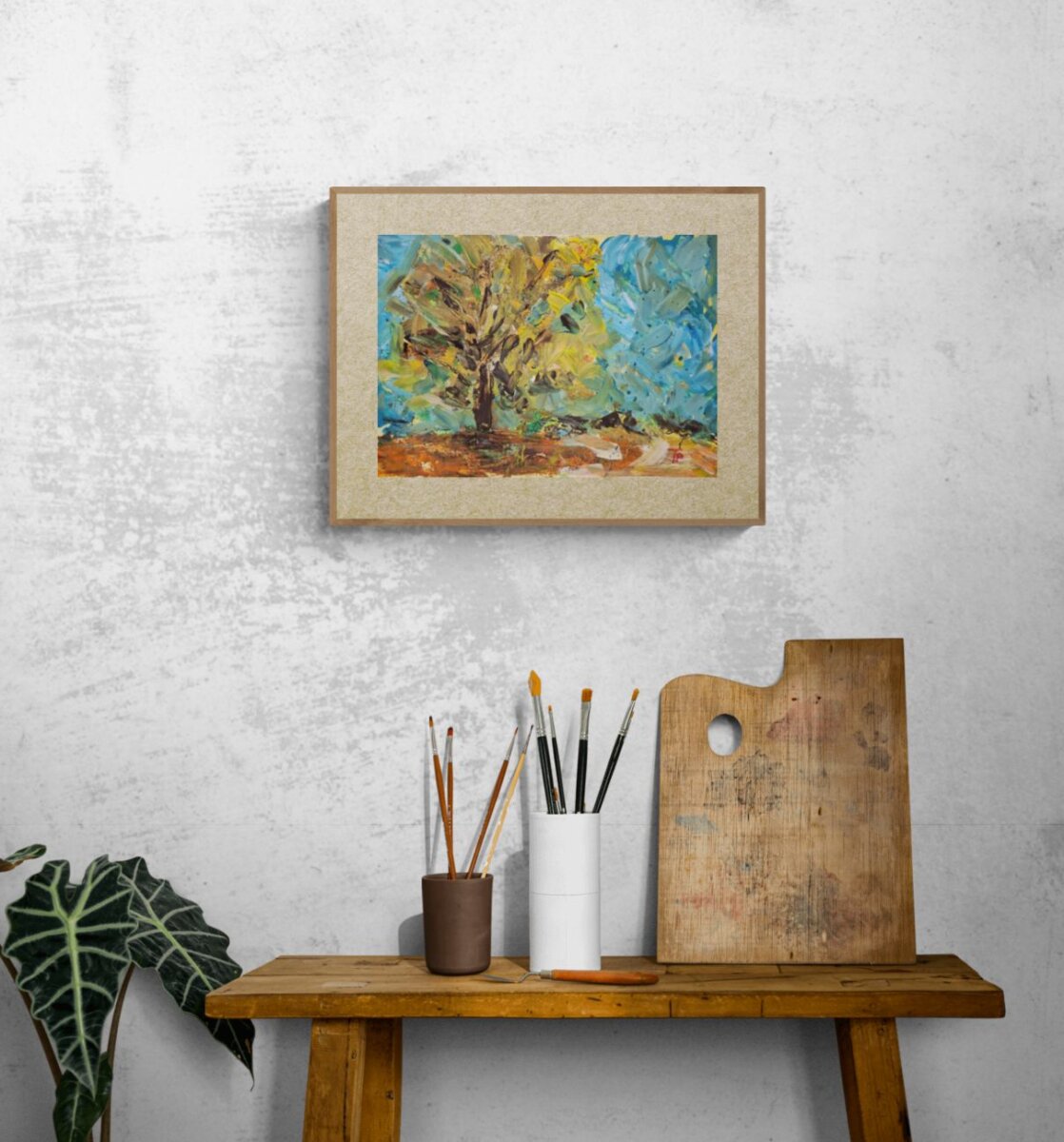 Apstraktna slika drveta u plavim i zelenim tonovima, original akril na papiru Tamara Perušić Art.
